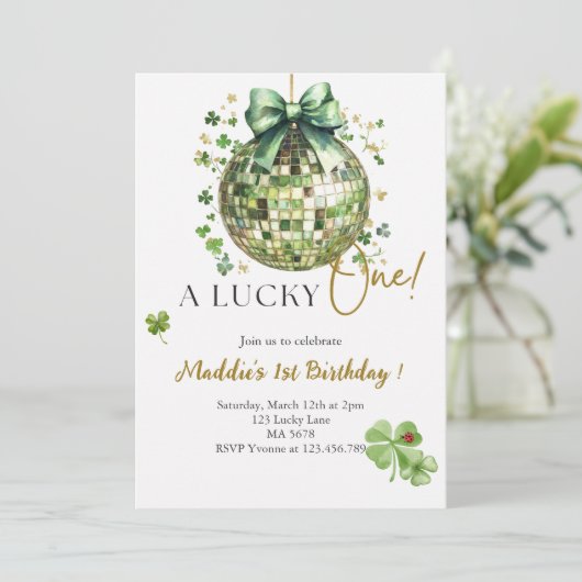 ラッキーワンカワイディスコボール1歳の誕生日招待状 招待状 (スタンド正面)