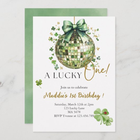 ラッキーワンカワイディスコボール1歳の誕生日招待状 招待状 (正面/裏面)