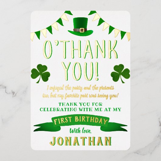 ラッキーワンシャルボード1st誕生日ありがとうござ実在う 箔招待状 (正面)