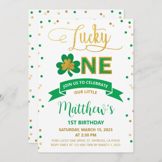 ラッキーワンセントパトリックの日1stボーイ誕生日 招待状 (正面/裏面)