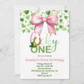 ラッキーワンピンクアンドグリーンファースト誕生日 招待状 (正面)