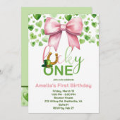 ラッキーワンピンクアンドグリーンファースト誕生日 招待状 (正面/裏面)