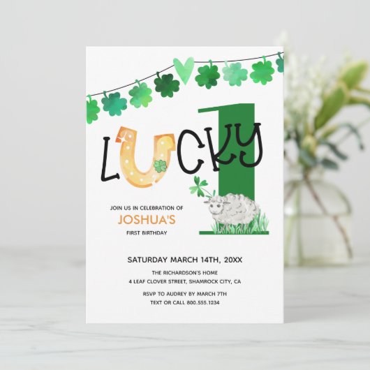 ラッキーワンファースト誕生日シャムロックアンドヒツジ 招待状 (スタンド正面)