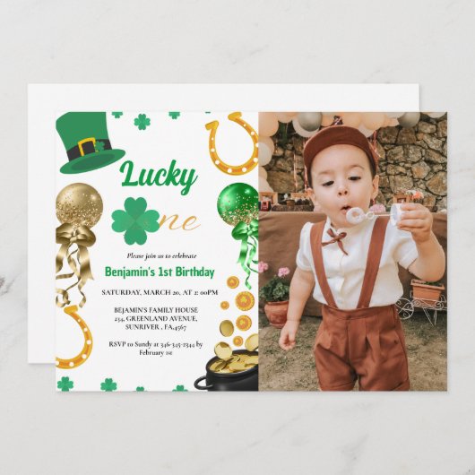 ラッキーワンファースト誕生日セントパトリックのデイボーイガール 招待状 (正面/裏面)