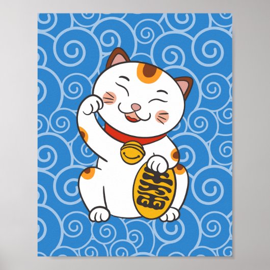 ラッキー三毛猫 縁起物まねきねこ ポスター (正面)