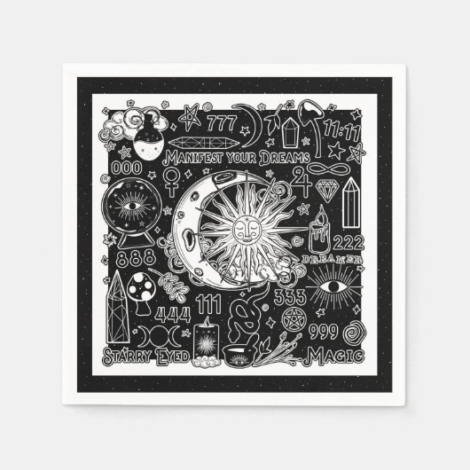 ラッキー数理マニフェスト魔法ブラック&ホワイト スタンダードカクテルナプキン (正面)