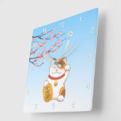 ラッキー日本のカリコ猫招き猫 スクエア壁時計 (傾斜)