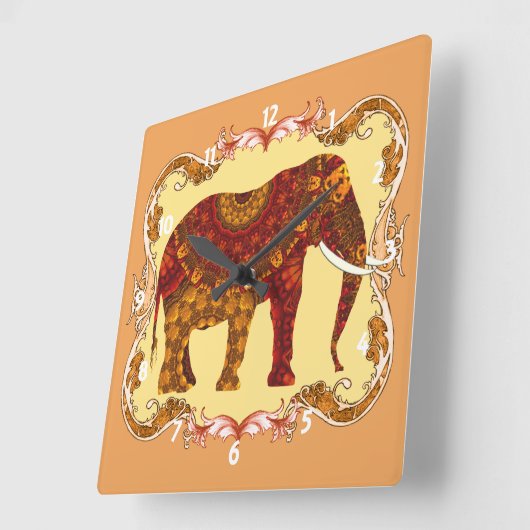 ラッキー華美パターン(の模様が)あるインディアン象 スクエア壁時計 (傾斜)