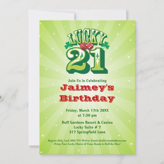 ラッキー21 -カスタム誕生日パーティーの招待 招待状 (正面)