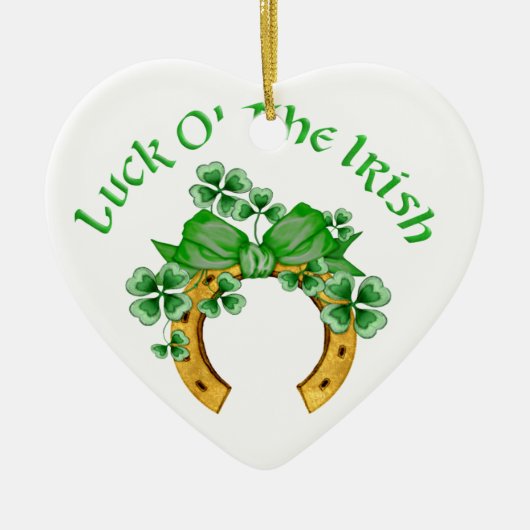 ラッキー・アイリッシュ・ホースシューとシャムロック セラミックオーナメント (正面)
