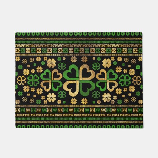 ラッキー·シャムロックの四葉クローバーグリーン&金ゴールド ドアマット (正面)