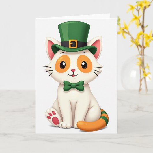 ラッキー ホワイト キャット セントパトリックデー カード (黄色い花)