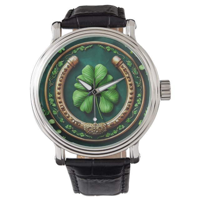 🍀🐴 ラッキー・ホースシュー＆クローバー時計 ✨⌚ 腕時計 (正面)