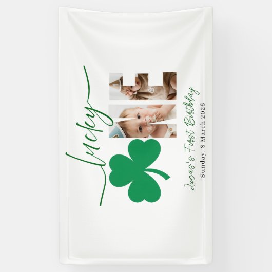 ラッキー ワン ファースト バースデー パーソナライズド シャムロック フォト 横断幕 (縦)