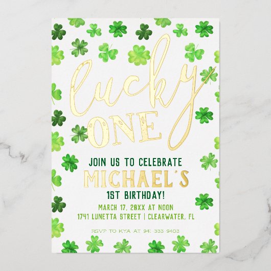 ラッキー・ワン | St. Patrick's Day 1st Birthday Invitat 箔招待状 (正面)