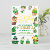 ラッキー・ワン | St. Patrick's Day Cupcake 1st Birday 招待状 (スタンド正面)