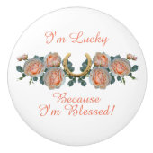 ラッキー&賛美引用文ホースシュー&バラ セラミックノブ (正面)