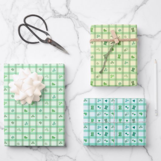 ラッキーSt patricks dayグリーンプレイドクローバー ラッピングペーパーシート (正面)