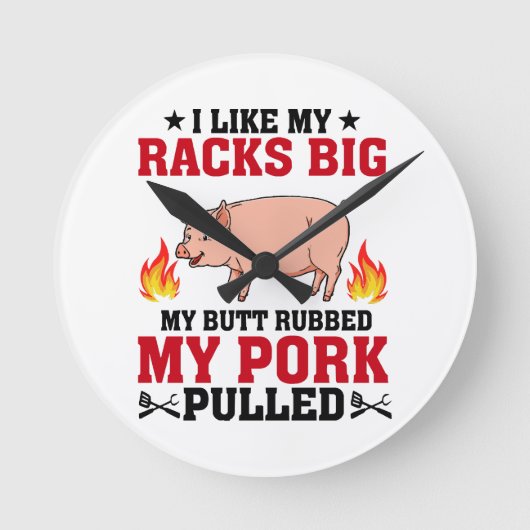 ラックは大きくておいしいBBQ、豚のお尻を引用 ラウンド壁時計 (正面)