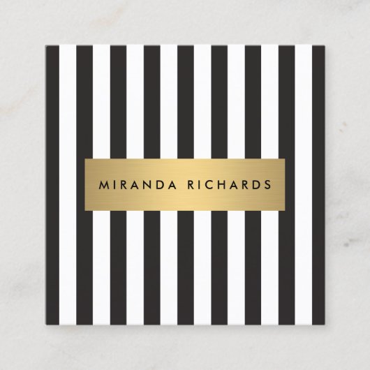 ラックスはっきりしたブラックとホワイトストライプ金ゴールドバー スクエア名刺 (正面)