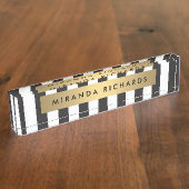 ラックスはっきりしたブラックとホワイトストライプ金ゴールドバー デスクネームプレート (側面)