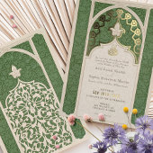 ラックスイスラムレースグリーン結婚ズ 箔招待状