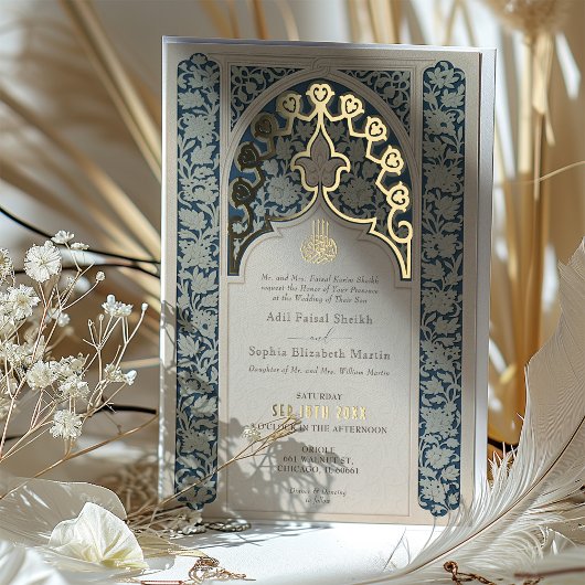 ラックスイスラムレースダスティブルー結婚ズ 箔招待状