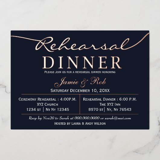 ラックスエレガントネイビーバラ金ゴールドリハーサルディナーフォイル 箔招待状 (正面)