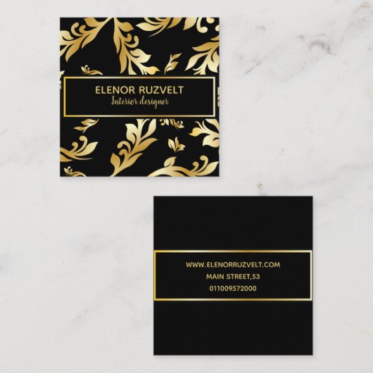 ラックスエレガントフローラブラック金ゴールド名刺 スクエア名刺 (正面/裏面)