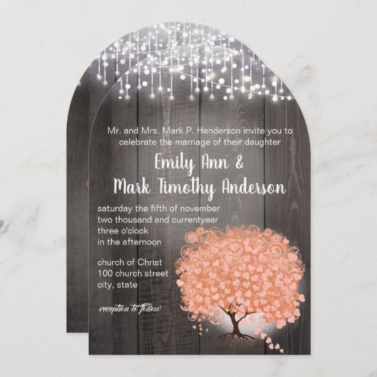 ラックスエレガント素朴コーラル森ハートリーフツリー 招待状 (正面/裏面)