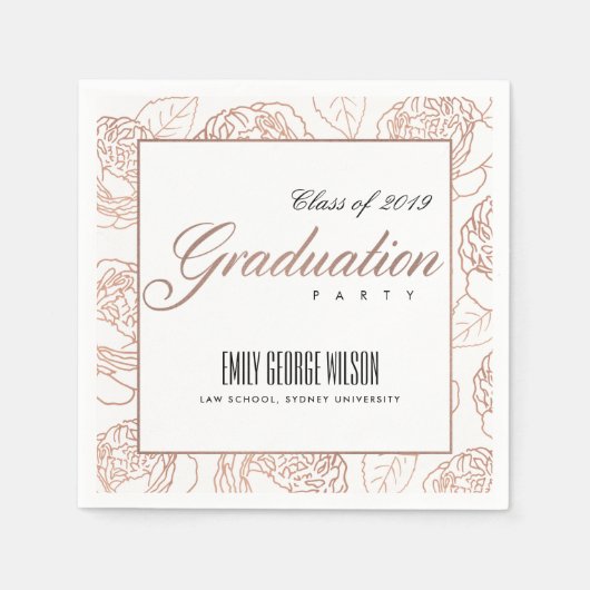 ラックスエレガント赤面ピンクローズ金ゴールドフローラ卒業 スタンダードカクテルナプキン (正面)