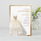 ラックスエレガント金ゴールドボールドレスグラマーQuinceanera 招待状 (スタンド正面)