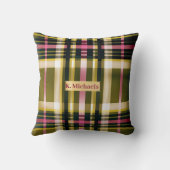 ラックスオパーソナライズされたリーブ緑、金ゴールド&ピンクプレイド クッション (裏面)