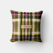 ラックスオパーソナライズされたリーブ緑、金ゴールド&ピンクプレイド クッション (正面)