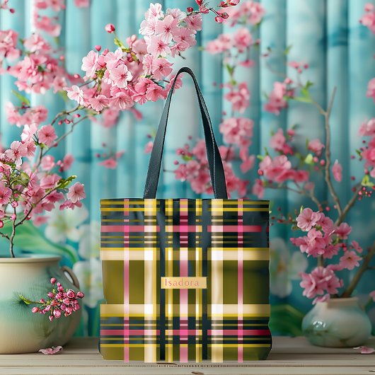 ラックスオパーソナライズされたリーブ緑、金ゴールド&ピンクプレイド トートバッグ