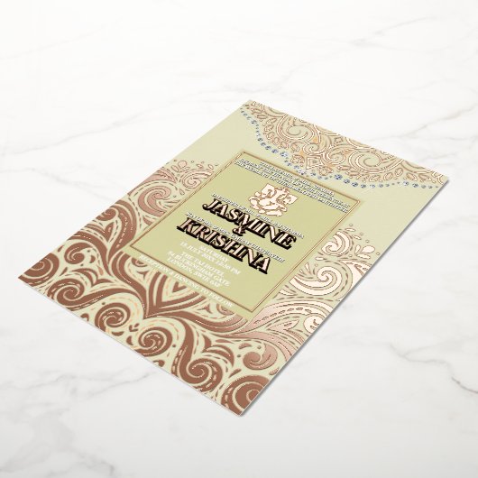 ラックスグリッターアイボリーピンクゴールドガネシャ結婚ヒンドゥー 箔招待状 (回転した状態)