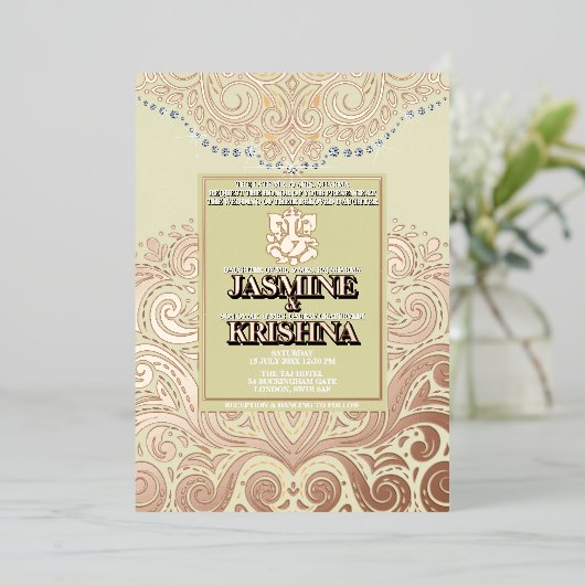 ラックスグリッターアイボリーピンクゴールドガネシャ結婚ヒンドゥー 箔招待状 (立ち正面)