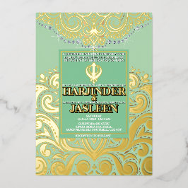 ラックスグリッターセージグリーン金ゴールドシクアナンドカラージウェディン 箔招待状