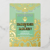 ラックスグリッターセージグリーン金ゴールドシクアナンドカラージウェディン 箔招待状 (正面)