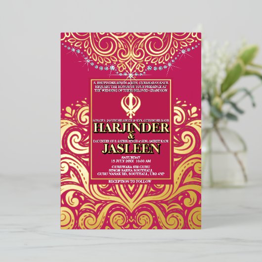 ラックスグリッターバラピンク金ゴールドシークAnand Karaj 結婚's 箔招待状 (立ち正面)