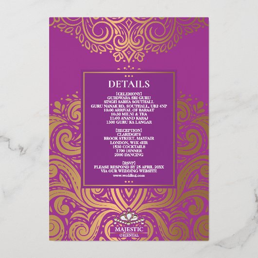 ラックスグリッターパープル金ゴールドシークAnand Karaj結婚ズ 箔招待状 (裏面)