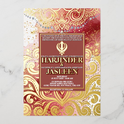 ラックスグリッターピンク&金ゴールドシークAnand Karaj 結婚's 箔招待状 (正面)