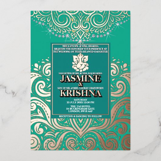 ラックスグリッターピーコックピンクゴールドガネーシャ結婚ヒンドゥー 箔招待状 (正面)