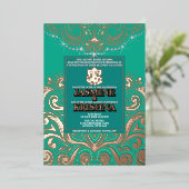 ラックスグリッターピーコックピンクゴールドガネーシャ結婚ヒンドゥー 箔招待状 (立ち正面)