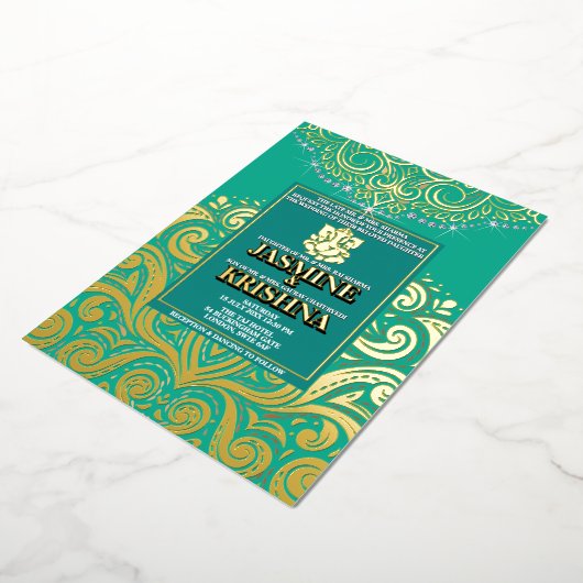 ラックスグリッターピーコック金ゴールドガネーシャ結婚ヒンドゥー 箔招待状 (回転した状態)