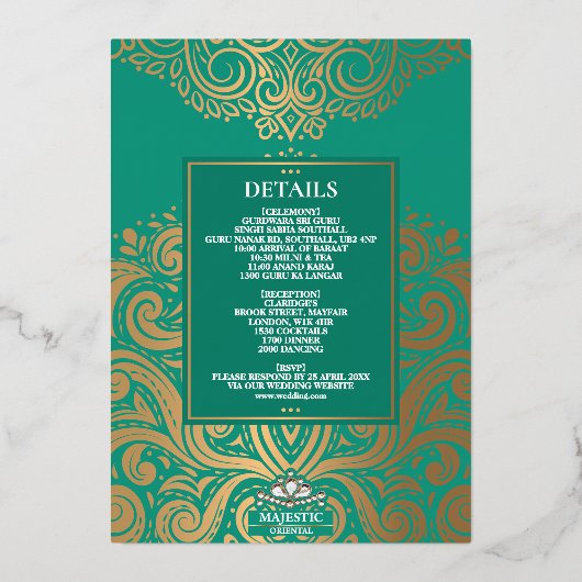 ラックスグリッターピーコック金ゴールドシクアナンドカラジ結婚ズ 箔招待状 (裏面)