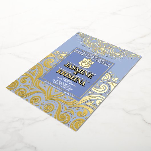 ラックスグリッターブルー金ゴールドガネシャヒンドー結婚ズ 箔招待状 (回転した状態)