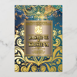 ラックスグリッターブルー金ゴールドヒンズーガネシャインディアン結婚ズ 箔招待状