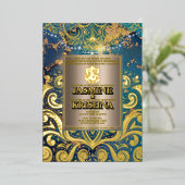 ラックスグリッターブルー金ゴールドヒンズーガネシャインディアン結婚ズ 箔招待状 (立ち正面)