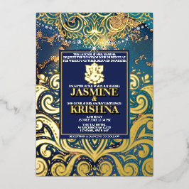 ラックスグリッターブルー金ゴールドヒンズーガネシャインディアン結婚ズ 箔招待状
